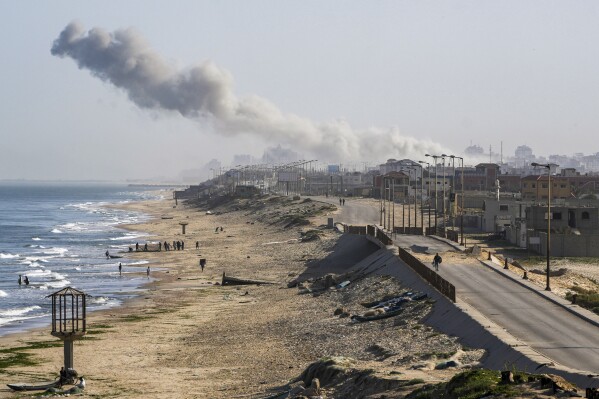Smoke rises following an Israeli airstrike in the central Gaza Strip, Monday, April 1, 2024. (AP Photo/Abdel Kareem Hana)
