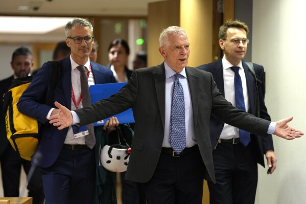 European Union foreign policy chief Josep Borrell arrives for a meeting of EU foreign ministers at the European Council building in Brussels, Monday, March 18, 2024. European Union foreign ministers on monday will discuss Russia's aggression against Ukraine, Belarus, and the situation in the Middle East. (AP Photo/Virginia Mayo)