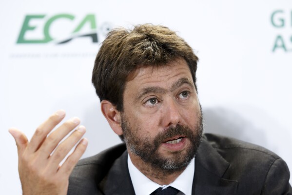 FILE - Italy's Andrea Agnelli, then chairman of the European Club Association, ECA, speaks to the media, during a press conference after the general assembly of the European Club Association, ECA, in Geneva, Switzerland, Tuesday, Sept. 10, 2019. Former Juventus president Andrea Agnelli has had one of his soccer bans reduced from 16 to 10 months on an appeal to the Italian soccer federation after he was charged with fraud for the way he handled player salary cuts during the coronavirus pandemic. (Salvatore Di Nolfi/Keystone via AP, File)