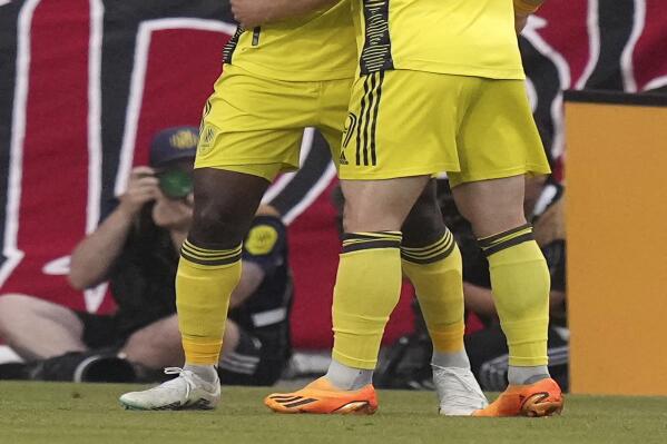 Nashville SC's Shaq Moore, left, celebrates his goal against FC Dallas with Alex Muyl (19) during the first half of an MLS soccer match Saturday, June 3, 2023, in Frisco, Texas. (AP Photo/LM Otero)