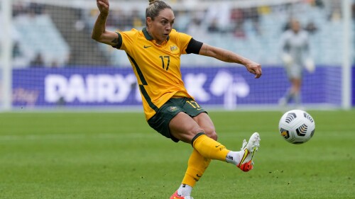 FILE - Matilda's Kyah Simon takes a shot at goal during their international soccer match against the United States at Stadium Australia in Sydney, Nov. 27, 2021. A 29-strong preliminary squad, announced on Monday, June 19, 2023, will go into a training camp on the Gold Cost before heading to Melbourne for the final squad announcement and a match against France on July 14. The World Cup, co-hosted by Australia and New Zealand, begins on July 20. (AP Photo/Mark Baker, File)