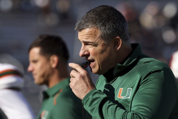 Miami head coach Mario Cristobal gets ready before an NCAA college football game against Boston College Friday, Nov. 24, 2023 in Boston. (AP Photo/Mark Stockwell)