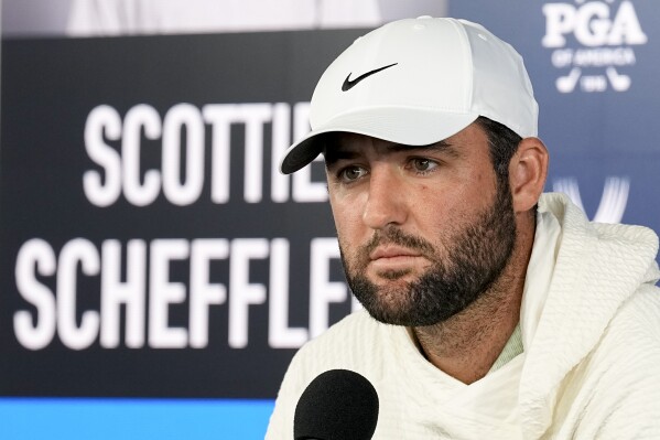 Scottie Scheffler speaks during a news conference during the PGA Championship golf tournament at the Valhalla Golf Club, Tuesday, May 14, 2024, in Louisville, Ky. (Ǻ Photo/Sue Ogrocki)