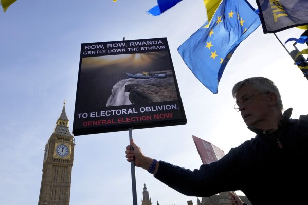A demonstrator holds a banner calling for a general election, in Westminster in London, Wednesday, Jan. 24, 2024. The United Kingdom is poised to hold its first election in five years in a country battered by a cost-of-living crisis, fallout from the Israel-Hamas conflict and deep divisions over how to deal with migrants and asylum seekers crossing the English Channel from Europe on small inflatable boats. (AP Photo/Kirsty Wigglesworth, File)