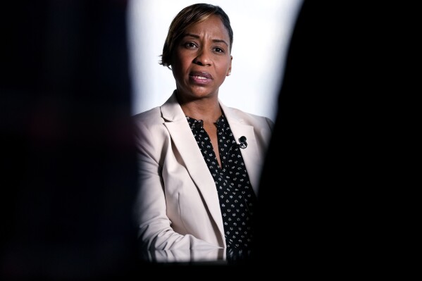Andrea Campbell, Attorney General of Massachusetts, answers a question during an interview at the State Attorneys General Association meetings, Tuesday, Nov. 14, 2023, in Boston. In exclusive sit-down interviews with 花椒直播, several Black Democrat attorneys general discuss the role race and politics plays in their jobs. (AP Photo/Charles Krupa)