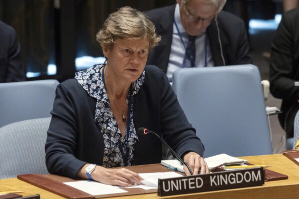 United Kingdom Ambassador to the United Nations Dame Barbara Woodward speaks during a security council meeting at United Nations headquarters, Friday, June 23, 2023. (AP Photo/Yuki Iwamura)