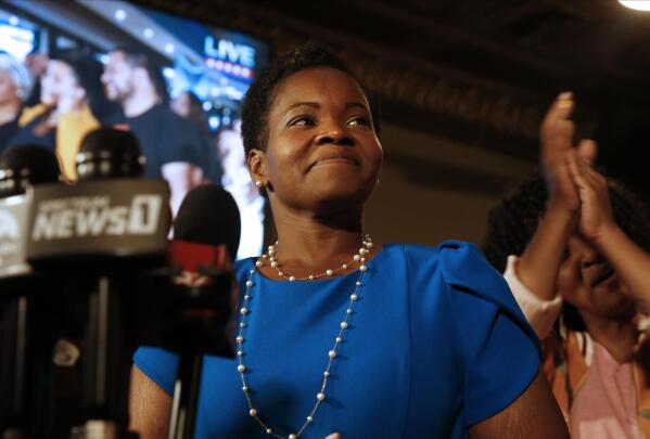 Democratic Buffalo mayoral primary candidate India Walton delivers her victory speech after defeating incumbent Byron Brown, on Tuesday, June 22, 2021 in Buffalo, N.Y.    The 38-year-old nurse and union leader pulled off the surprise victory with the backing of the Democratic Socialists of America in a campaign focused on affordable housing, health care and criminal justice reform.(Robert Kirkham/The Buffalo News via AP)