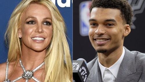 DOSSIER – Britney Spears apparaît lors de la 29e cérémonie annuelle des GLAAD Media Awards à Beverly Hills, en Californie, le 12 avril 2018, à gauche, et Victor Wembanyama, premier tour de sélection de basket-ball des San Antonio Spurs NBA, prend la parole lors d'une conférence de presse à San Antonio le 24 juin , 2023. Wembanyama a déclaré le jeudi 6 juillet 2023 qu'il pensait que Britney Spears l'avait attrapé par derrière alors qu'il entrait dans un restaurant d'un casino de Las Vegas, et que le service de sécurité avec lequel il était avait repoussé la pop star.  (AP Photos par Chris Pizzello, à gauche, et Eric Gay, File)