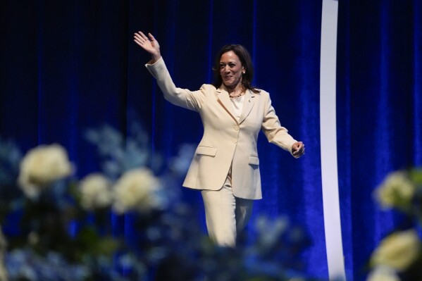 Vice President Kamala Harris waves as she is introduced during the Zeta Phi Beta Sorority, Inc.'s Grand Boulé, Wednesday, July 24, 2024, in Indianapolis. (ĢӰԺ Photo/Darron Cummings)