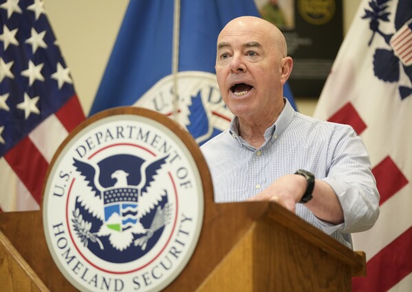 Secretary of Homeland Security Alejandro Mayorkas speaks at a news conference at the U.S. Border Patrol South Station in Eagle Pass, Texas, Monday, Jan. 8, 2024. (Jay Janner/Austin American-Statesman via AP)