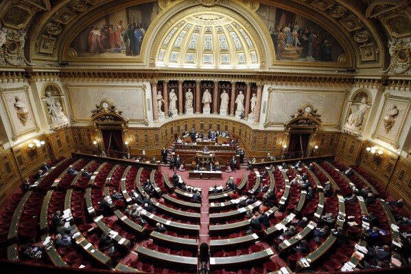 FILE - This Thursday, Dec. 11, 2014 file photo shows a general view of France's Senate prior to a vote on the recognition of a Palestinian state, Paris. France's Senate is to vote on Wednesday on a bill meant to enshrine a woman's right to an abortion in the French Constitution, a measure promised by President Emmanuel Macron following a rollback on rulings in the United States. (AP Photo/Francois Mori, File)