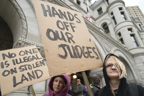 Supporters of Judge Hannah Dugan hold a rally in Milwaukee at the U.S. Courthouse in Milwaukee, April 25, 2025. (Lee Matz/Milwaukee Independent via AP, File)