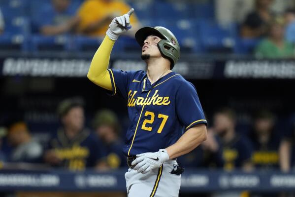 Milwaukee Brewers' Willy Adames reacts after his solo home run off Tampa Bay Rays pitcher Jalen Beeks during the second inning of a baseball game Sunday, May 21, 2023, in St. Petersburg, Fla. (AP Photo/Chris O'Meara)