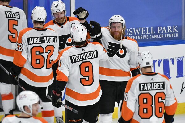 Philadelphia Flyers right wing Jakub Voracek, facing right, congratulates defenseman Ivan Provorov (9) on his winning goal against the Buffalo Sabres in an NHL hockey game in Buffalo, N.Y., Monday, March 29, 2021. (AP Photo/Adrian Kraus)