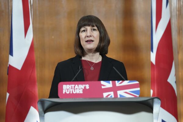 Shadow chancellor of the exchequer Rachel Reeves speaks during a press conference on the state of the UK economy, at Church House, Westminster, central London, Thursday Feb. 15, 2024. (Stefan Rousseau/PA via AP)