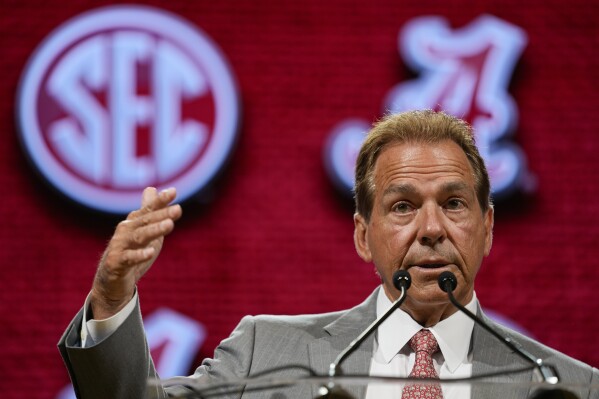 FILE - Alabama head coach Nick Saban speaks during NCAA college football Southeastern Conference Media Days, Wednesday, July 19, 2023, in Nashville, Tenn. Nick Saban, the stern coach who won seven national championships and turned Alabama back into a national powerhouse that included six of those titles in just 17 seasons, is retiring, according to multiple reports, Wednesday, Jan. 10, 2024. (AP Photo/George Walker IV, File)