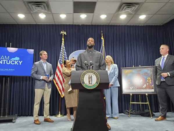 Former basketball star Michael Kidd-Gilchrist speaks at a bill signing ceremony on April 11, 2024, in Frankfort, Ky. Kidd-Gilchrist was a leading advocate for a bill signed into law that will expand insurance coverage for people seeking treatment for stuttering. (Tom Latek/Kentucky Today via AP)