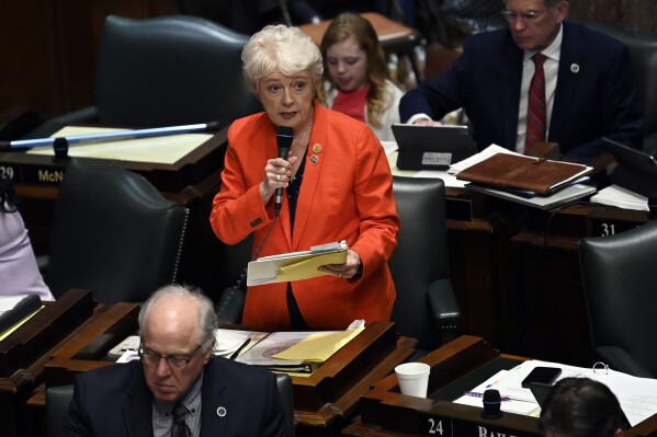 Rep. Janice Bowling, R-Tullahoma, talks about her bill that would make it a crime to take a minor to another state for gender-affirming care without the consent of the child's parent during legislative session of the Senate, Thursday, April 11, in Nashville, Tenn. (AP Photo/Mark Zaleski)