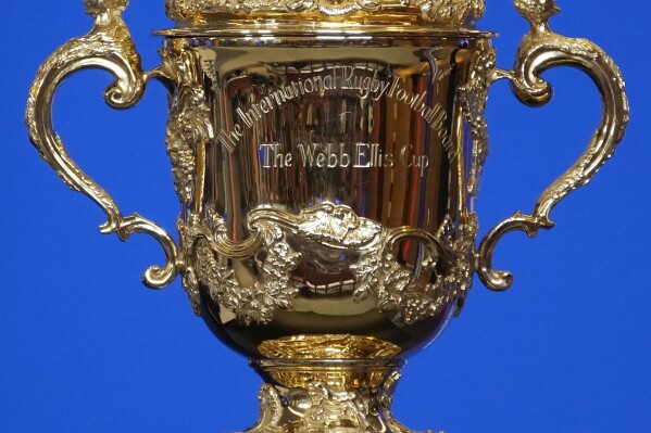 The Webb Ellis Cup is on display during a press conference in Paris, Monday, Sept. 4, 2023, ahead of the France 2023 Rugby World Cup. (AP Photo/Christophe Ena)