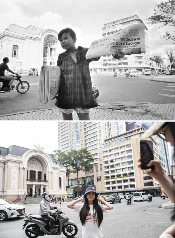 This combination of photos shows a Vietnamese newsboy selling newspapers in Saigon with the headline announcing the U.S. troop withdrawals hours before Pres. Nixon was slated to formally announce the withdrawals, Sept. 16, 1969, top, and the same location in Ho Chi Minh City, Vietnam, on April 18, 2025. (AP Photo/Nick Ut, Thanh Hue)