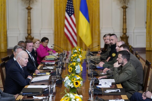 FILE - President Joe Biden meets with Ukrainian President Volodymyr Zelenskyy in the East Room of the White House, Thursday, Sept. 21, 2023, in Washington. President Joe Biden’s nearly $106 billion aid package for Ukraine, Israel and other needs sits idle in Congress, neither approved nor rejected, but subjected to new political demands. Republicans are insisting on U.S.-Mexico border policy provisions in exchange for any new funds for Ukraine to fight Russia. (AP Photo/Evan Vucci, File)