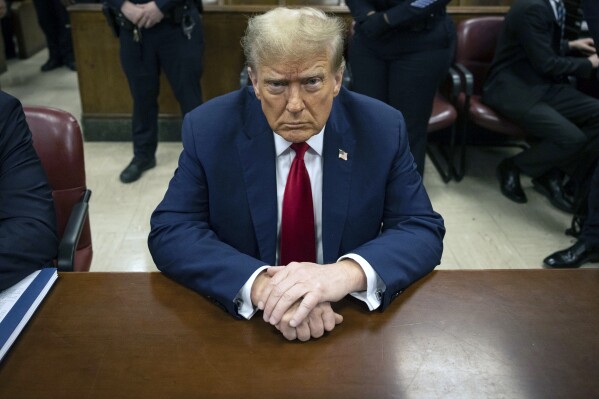 Former President Donald Trump waits for the start of proceedings in Manhattan criminal court, Tuesday, April 23, 2024, in New York. (AP Photo/Yuki Iwamura, Pool)