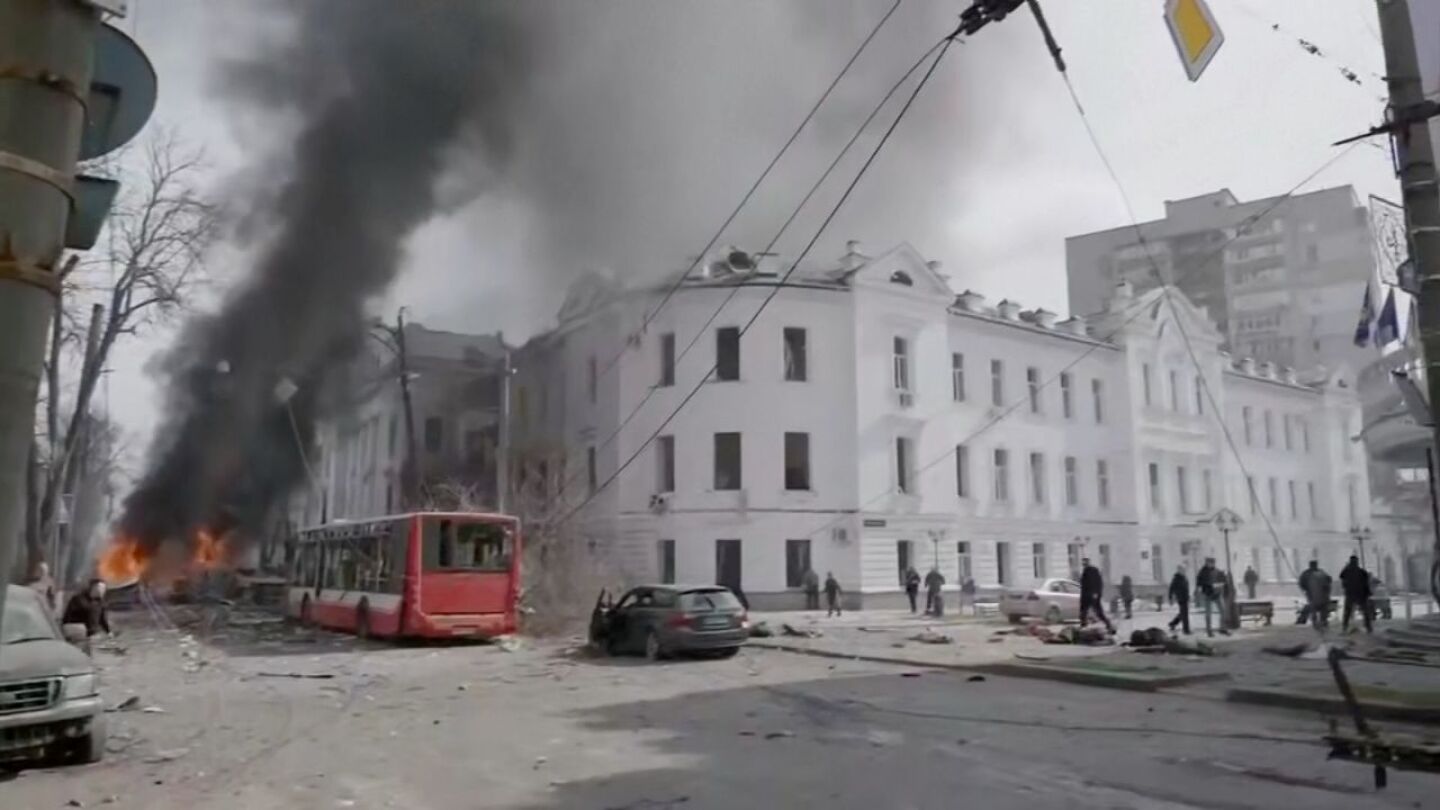 Camera operator runs for cover as Russian missiles hit Ukrainian city of Sumy | AP News