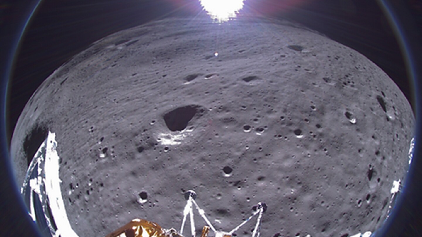 This image provided by Intuitive Machines shows a view from the Odysseus lunar lander made with a fisheye lens on Feb. 22, 2024. Before its power was depleted, Odysseus sent this photo in its farewell transmission, received on Thursday, Feb. 29. (Intuitive Machines via AP)