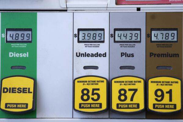 Digital displays are illuminated to mark the prices for the various grades of gasoline available from a pump at a Circle K station Friday, April 22, 2022, in south Denver. (AP Photo/David Zalubowski)