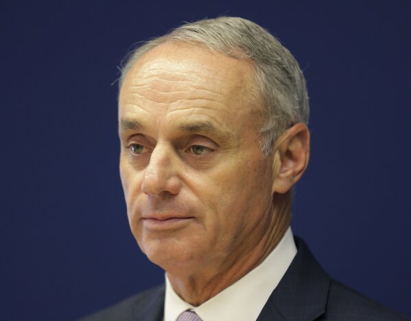 Major League Baseball commissioner Rob Manfred speaks to reporters after a meeting of baseball team owners in New York, Thursday, June 20, 2019. The Tampa Bay Rays have received permission from Major League Baseball's executive council to explore a plan that could see the team split its home games between the Tampa Bay area and Montreal, reports said Thursday.
(AP Photo/Seth Wenig)