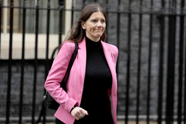 FILE - Britain's Science Secretary Michelle Donelan leaves after a cabinet meeting at Downing Street in London, Jan. 31, 2023. British taxpayers have been left footing the bill after a Cabinet minister apologized and paid damages to an academic she had accused of expressing sympathy for Hamas. Michelle Donelan acknowledged there was “no evidence” Kate Sang, a professor of gender and employment studies at Heriot-Watt University, supported Hamas, which is outlawed as a terrorist group in Britain. (AP Photo/Kirsty Wigglesworth, File)