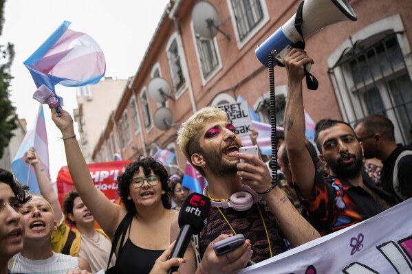 People shout slogans during a march in support of transgender people and their rights as part of the LGBTQ Pride week in Istanbul, Turkey, Sunday, June 18, 2023. (AP Photo/Emrah Gurel)