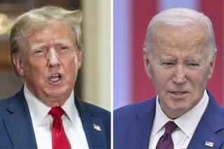 This combination of photos shows former President Donald Trump, left, and President Joe Biden. On Wednesday, March 13, 2024, the popular artificial intelligence image-generator Midjourney announced it has blocked its users from creating images of Biden and Trump ahead of the upcoming U.S. presidential election. (AP Photo)