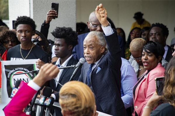 The Rev. Al Sharpton speaks to a crowd of hundreds from the steps of the Senate portico during the National Action Network demonstration in response to Gov. Ron DeSantis's rejection of a high school African American history course, Wednesday, Feb. 15, 2023 in Tallahassee, Fla. (Alicia Devine /Tallahassee Democrat via AP)