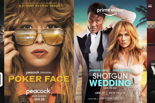 This combination of photos shows promotional art for "Accused, a series debuting Jan. 22 on Fox, from left, "Poker Face," a series premiering Jan. 26 on Peacock, "Shot Gun Wedding," a film premiering Jan. 27 on Amazon, and "You People," a film premiering on Netflix on Jan. 27. (Peacock/Amazon/Netflix via AP)