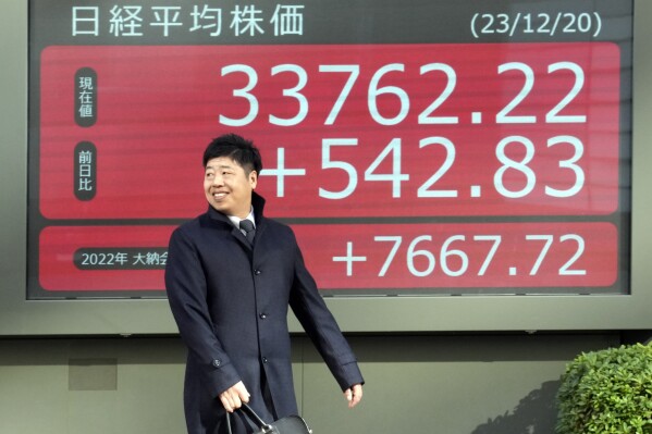 A person walks in front of an electronic stock board showing Japan's Nikkei 225 index at a securities firm Wednesday, Dec. 20, 2023, in Tokyo. Wall Street ticked higher Wednesday amid hopes that moves by Japan’s central bank to keep interest rates easy for investors could be a preview for the rest of the world.(AP Photo/Eugene Hoshiko)