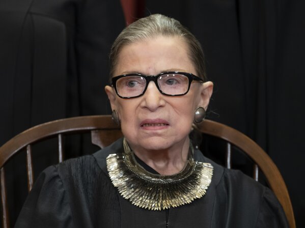 
              FILE - In this Nov. 30, 2018 file photo, Associate Justice Ruth Bader Ginsburg, nominated by President Bill Clinton, sits with fellow Supreme Court justices for a group portrait at the Supreme Court Building in Washington, Friday. The Supreme Court says Justice Ruth Bader Ginsburg has undergone surgery to remove two malignant growths from her left lung. It is Ginsburg’s third bout with cancer since joining the court in 1993. (AP Photo/J. Scott Applewhite)
            
