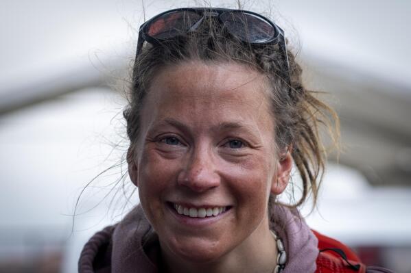 Norwegian climber Kristin Harila, 37, arrives after summiting Annapurna in Kathmandu, Nepal, Tuesday, June 6, 2023. The Norwegian who is aiming to be the fastest climber to scale all the world's 14 highest mountains announced she is shortening her goal and do it in half the time than initial target. (AP Photo/Niranjan Shrestha)