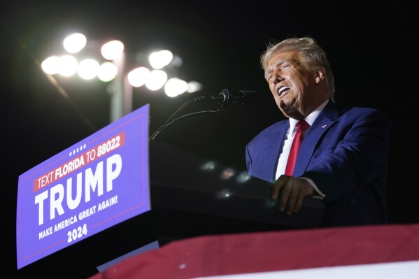 FILE - Former President Donald Trump speaks at a campaign rally in Hialeah, Fla., Wednesday, Nov. 8, 2023. (AP Photo/Lynne Sladky, File)