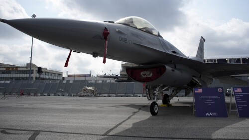 FILE - U.S. Air Force F-16 fighter jet is on display during the Paris Air Show in Le Bourget, north of Paris, France, Monday, June 19, 2023. The U.S. is beefing up its use of fighter jets around the strategic Strait of Hormuz to protect ships from Iranian seizures, a senior defense official said Friday, July 14, adding that the U.S. is increasingly concerned about the growing ties between Iran, Russia and Syria across the Middle East. (AP Photo/Lewis Joly, File)