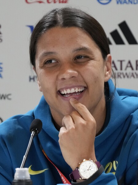 Australia's captain Sam Kerr smiles during a press conference at Stadium Australia in Sydney, Australia, Wednesday, July 19, 2023, ahead of their opening Women's World Cup soccer match against Ireland, Thursday. (AP Photo/Rick Rycroft)