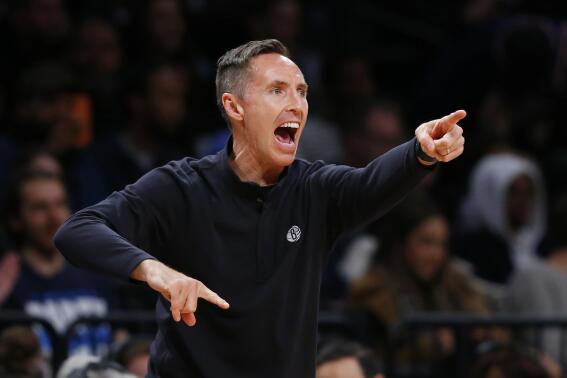 FILE - Brooklyn Nets head coach Steve Nash coaches against the Milwaukee Bucks during the first half of an NBA basketball game on March 31, 2022, in New York. The East Asia Super League has started production on a reality TV series covering the inaugural season of the pan-regional basketball competition. Korean film director John H. Lee will lead the project and work with executive producers Ezra Holland, a director of CTRL Media owned by NBA great Nash. (AP Photo/Noah K. Murray, File)