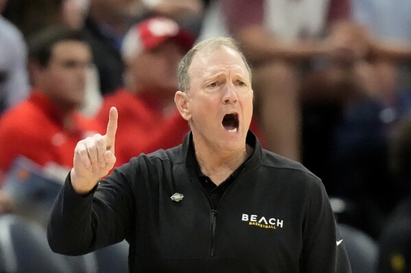 Long Beach State head coach Dan Monson shouts during the second half of a first-round college basketball game against Arizona in the NCAA Tournament in Salt Lake City, Thursday, March 21, 2024. (AP Photo/Rick Bowmer)
