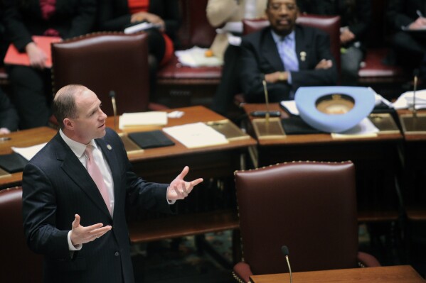 FILE - Sen. Timothy Kennedy, D-Buffalo, left, speaks in the Senate Chamber of the state Capitol, Feb. 6, 2017, in Albany, N.Y. In a special election Tuesday, April 30, voters in upstate New York's 26th Congressional District will choose between Kennedy, a Democrat, and Gary Dickson, the first Republican elected as a town supervisor in the Buffalo suburb of West Seneca in 50 years. (AP Photo/Hans Pennink, File)