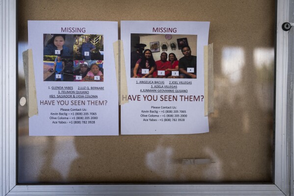 Missing people flyers for Lahaina, Hawaii, residents are posted on a bulletin board at King's Cathedral Maui in Kahului, Hawaii, Saturday, Aug. 19, 2023. As days turn into weeks, the odds are growing longer for families hoping to be reunited with missing loved ones after a fire swept across Hawaii's town of Lahaina. (AP Photo/Jae C. Hong)