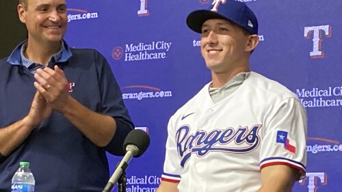 Wyatt Langford, the Florida outfielder the Texas Rangers drafted fourth overall on July 9, is introduced Tuesday at Globe Life Field in Arlington, Texas. Langford's $8 million signing bonus is the largest ever for a player drafted by the Rangers. (AP Photo/Stephen Hawkins)