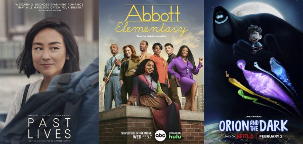 This combination of images shows promotional art for the film "Past Lives," left, the ABC comedy series "Abbott Elementary," center, and the Netflix film "Orion and the Dark." (A24/ABC/Netflix via AP)