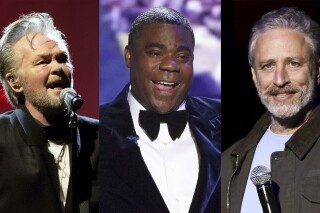 This combination of photos shows John Mellencamp, left, Tracy Morgan, center, and Jon Stewart, who are among the celebrities participating at this year’s Stand Up for Heroes fundraiser on Nov. 6, benefitting injured veterans and their families. (AP Photo)