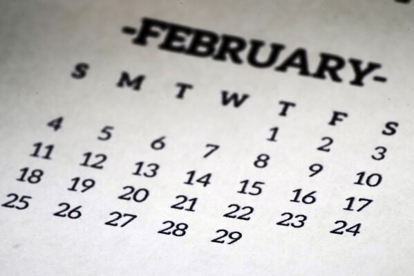 A calendar shows the month of February, including leap day, Feb. 29, on Saturday, Feb. 24, 2024, in Glenside, Pa., Saturday, Feb. 24, 2024. (AP Photo/Matt Rourke)