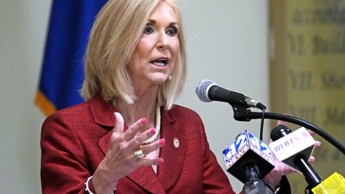 FILE - Mississippi's Republican Attorney General Lynn Fitch speaks at the Central Mississippi Correctional Facility in Pearl, Miss., May 9, 2023. The Hinds County District Attorney's office, the prosecutor's office in Mississippi's largest county, said Wednesday, July 12, that Fitch made a politically motivated decision to ask a state appeals court to overturn the conviction of a former police officer in the 2019 beating death of a man who was pulled from a vehicle and subdued by three officers. (AP Photo/Rogelio V. Solis, File)